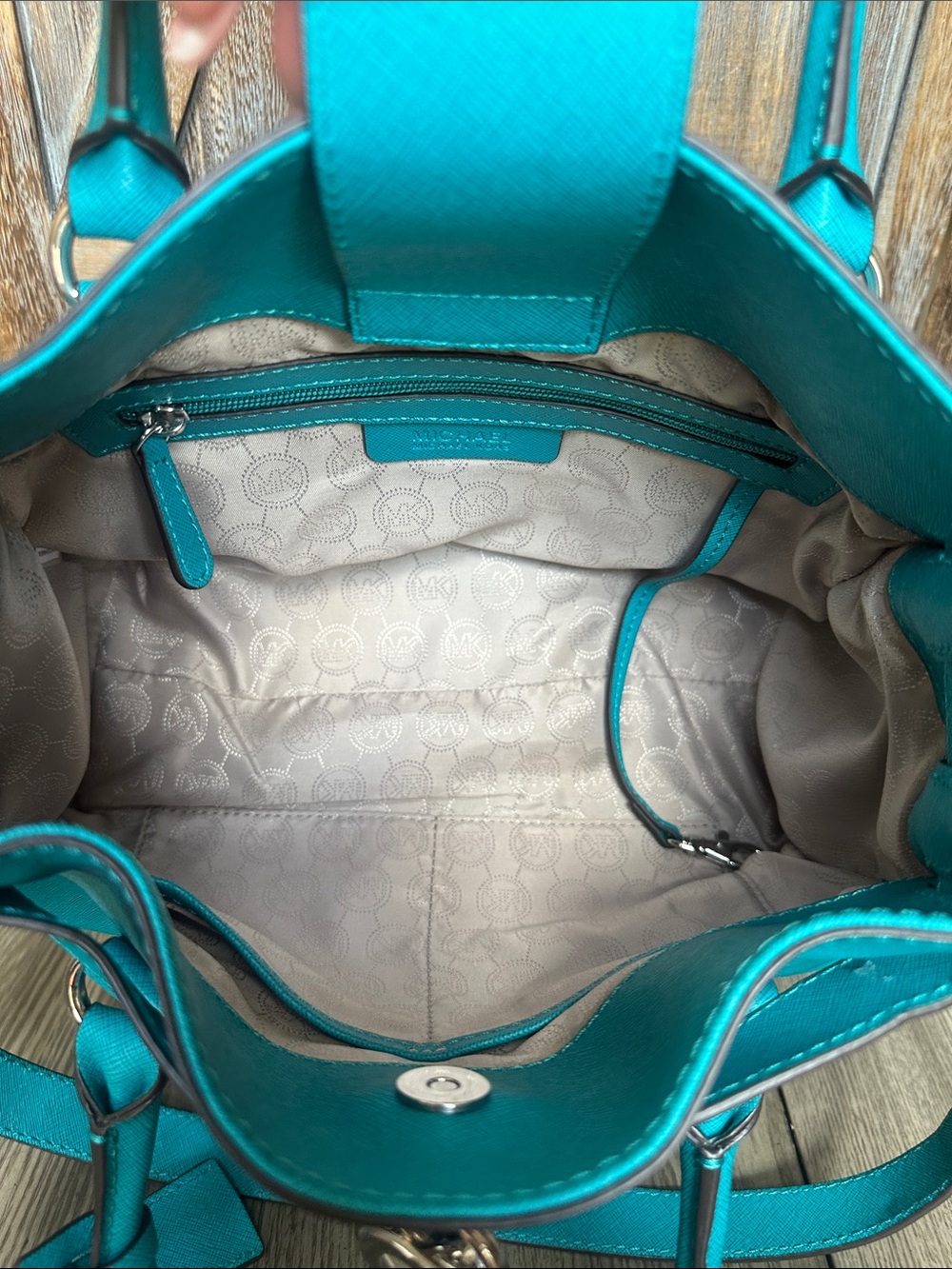 Michael Kors Turquoise Satchel Tote with Silver Padlock & Chain Shoulder Handbag - Picture 9 of 16